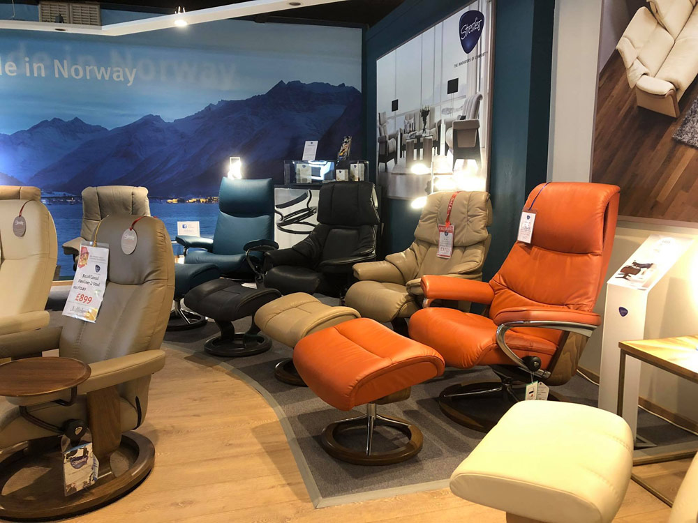 Stressless recliners and chairs on display in the Stressless Comfort Studio at Millichap's