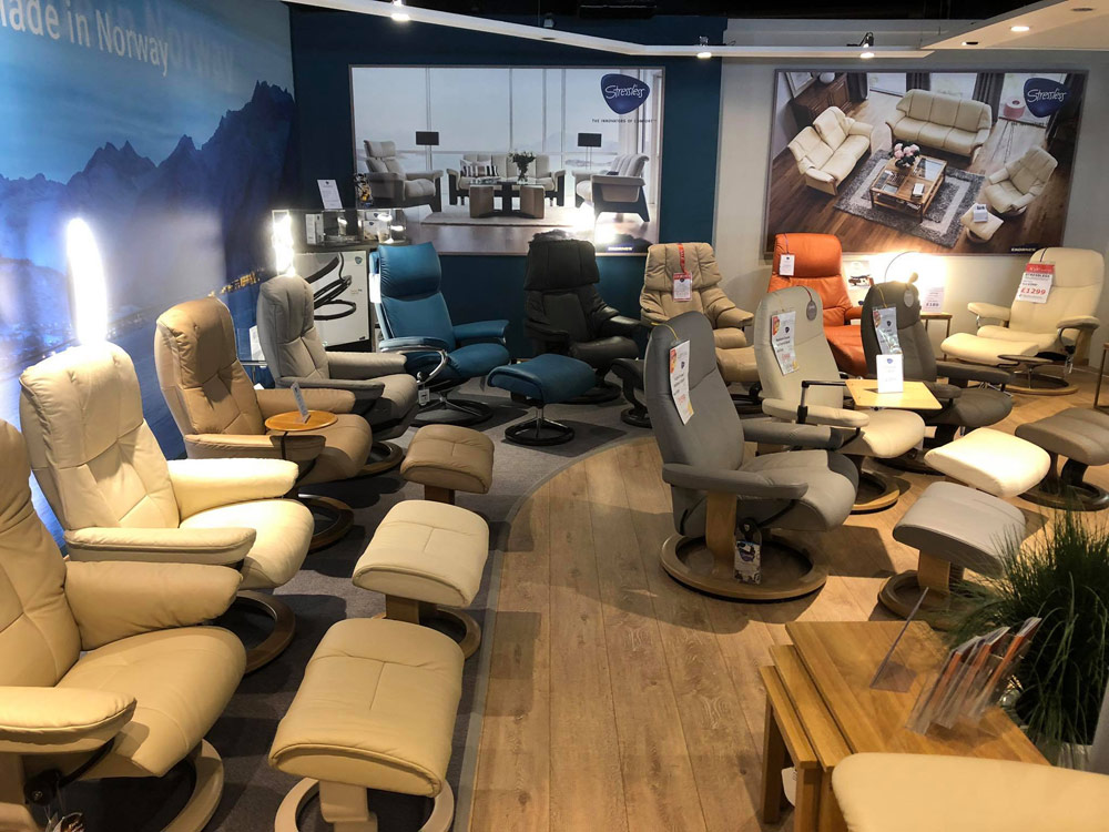 Stressless recliners and chairs on display in the Stressless Comfort Studio at Millichap's