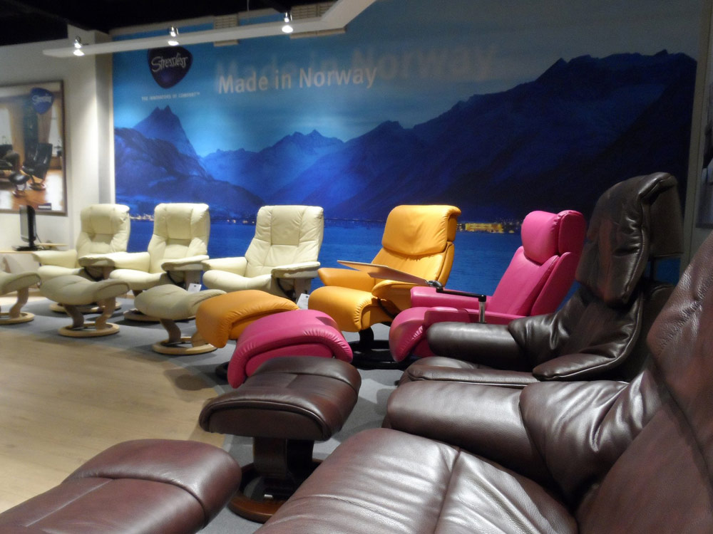 Stressless recliners and chairs on display in the Stressless Comfort Studio at Millichap's