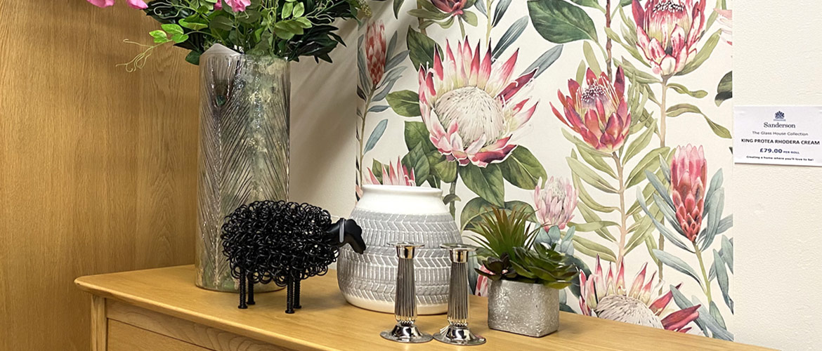 Sanderson wallpaper | Glasshouse Collection, King Protea Rhodera Cream on display at Millichap's