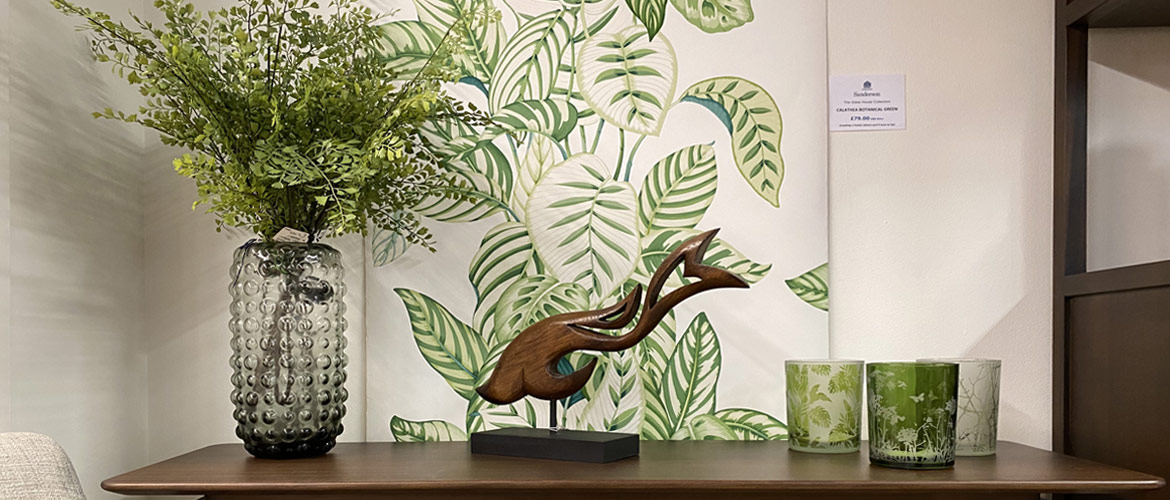 Sanderson wallpaper | Glasshouse Collection, Calathea Botanical Garden on display at Millichap's