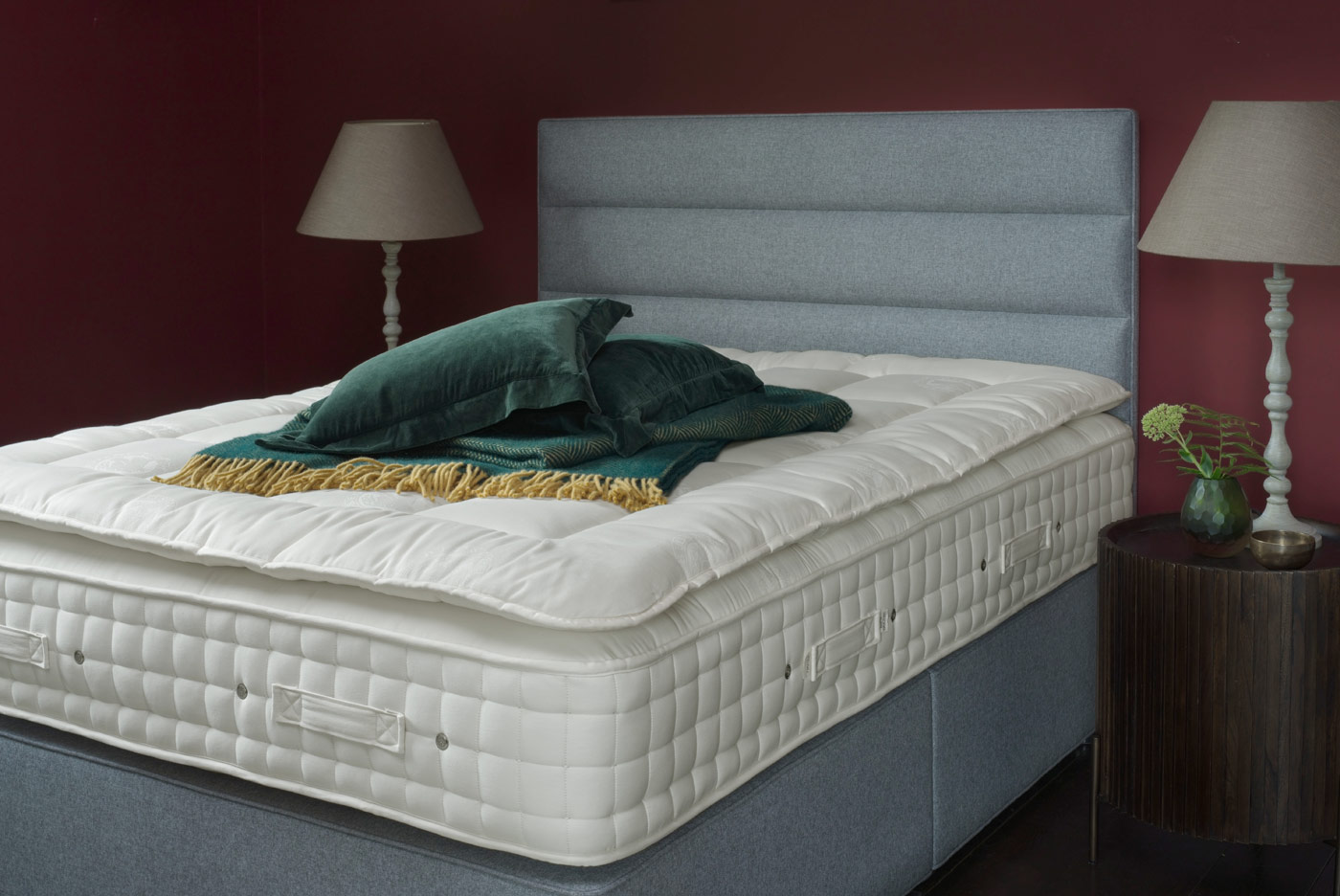 Hypnos | Weybridge Majestic Mattress with Josephine Headboard in Tweed Grey and Topper.